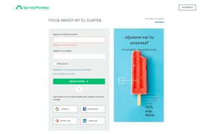 Figura 3. Página de bienvenida y acceso de Survey Monkey