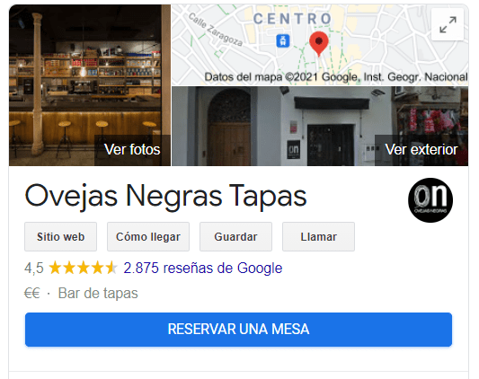 Ejemplo botón de Google del restaurante Ovejas Negras Tapas.